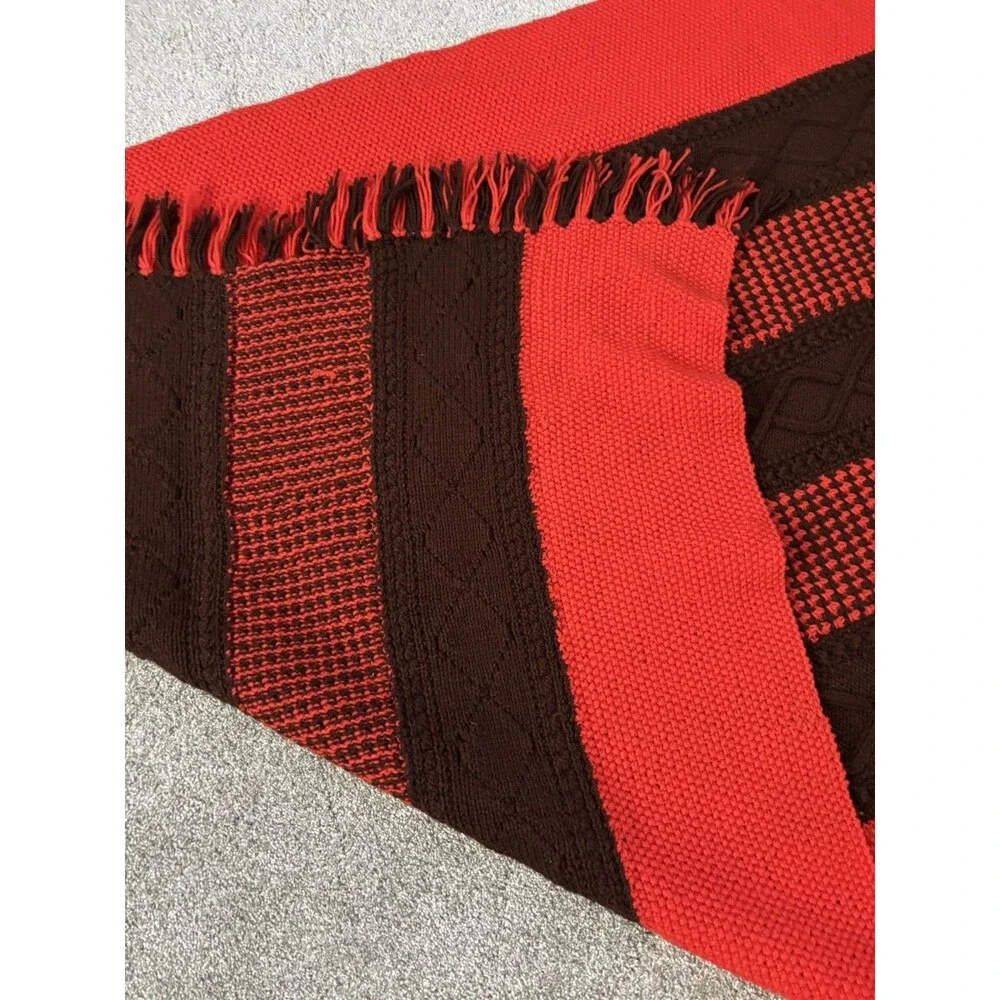 VintageHandmade Throw Blanket 50x76 Orange Brown Cable Knit Afghan Fringe Rustic